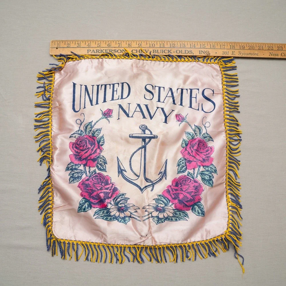 Vintage 1940s Souvenir United States Navy Silk Souvenir Pillow Case Sham
